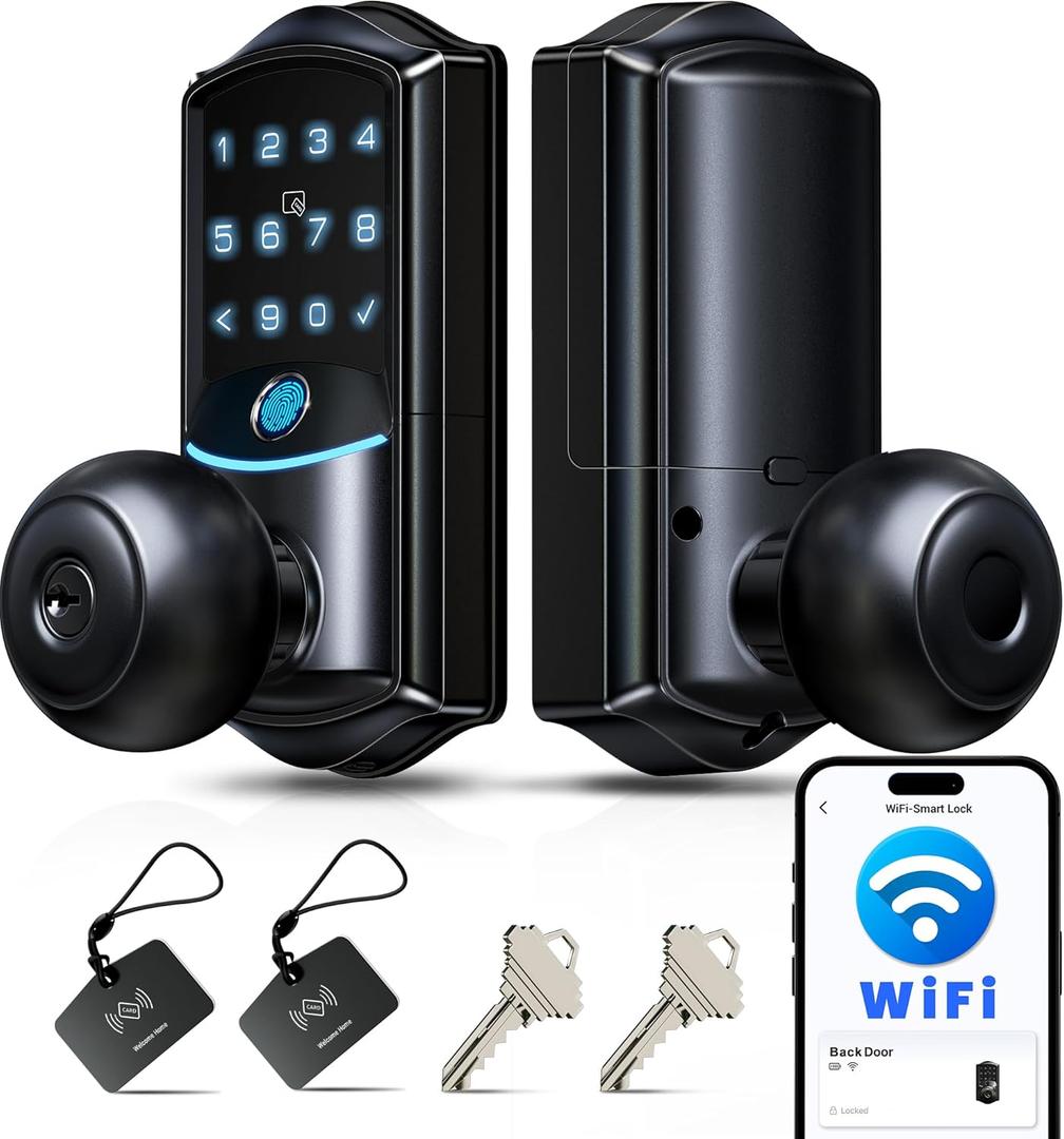Veise VE028 Built-in Wi-Fi Smart Lock with Knob, Fingerprint Keyless Entry with Handle, App Remote & Voice Control, Electronic Digital Keypad for Front Door and Bedroom, IP65 Waterproof, Matte Black