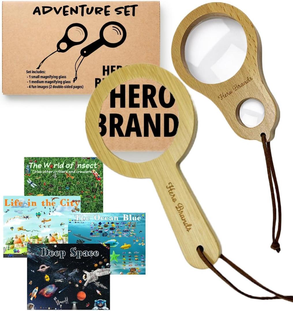 Adventure Set - 2X Wood Magnifying Glass for Kids with 4 Pictures - Wooden Montessori Toy - Learn and Explore