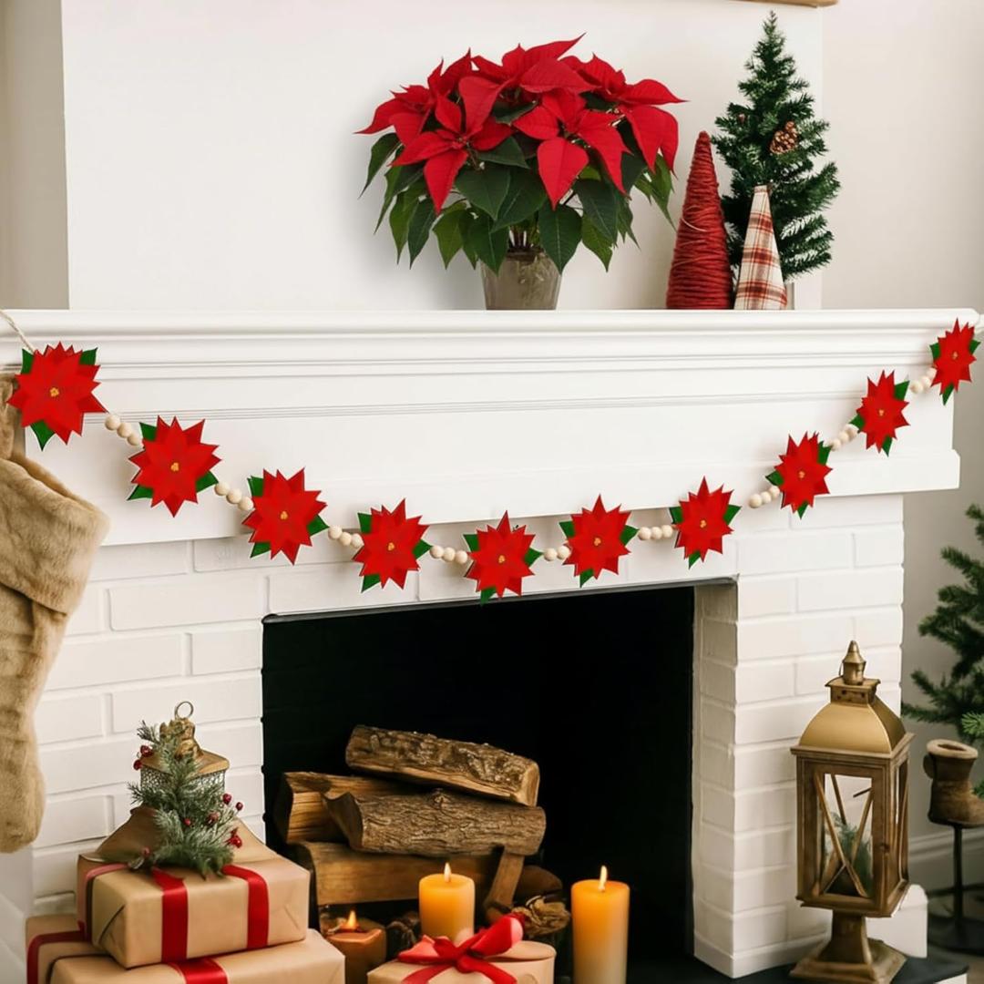 Roowest 6.5ft Christmas Poinsettia Wooden Beads Garland Farmhouse Christmas Poinsettia Indoor Outdoor Hanging Decor Red Flower Xmas Banner Garland for Home Wall Mantel Fireplace Window Patio