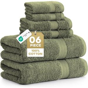 LANE LINEN Luxury Cotton Bath Towel Pack of 6 - Softer, Highly Absorbent & Durable - 2 Bath, 2 Wash cloths, 2 Hand Towels for Bathroom - Premium Look, Spa Quality, Solid Dyed Towels - Oil Green