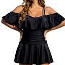 COCOPEAR Women's One Piece Flounce Swimsuit Off Shoulder Bathing Suit Tummy Control Swimdress Black.XL