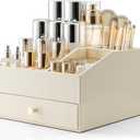 Vlando Makeup Organzier,Vanity Organizer with Drawers, PU Leather Skincare Organizer Perfume Organizer,Large Cosmetic Display Case for Lipstick,Brushes Gifts for Women-Beige (2 Layers-Beige)