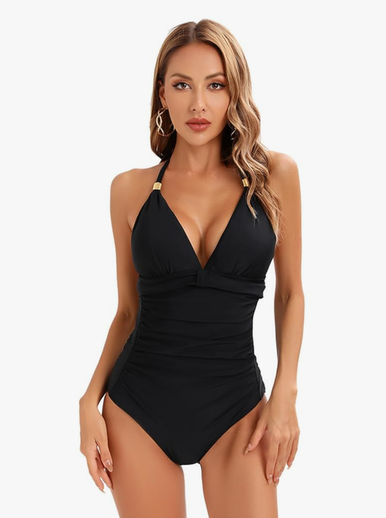 IRCHA Women V Neck Halter One Piece Swimsuit Front Tummy Control Ruched Bathing Suit Backless Back Tie Swimwear, size XXL, Black