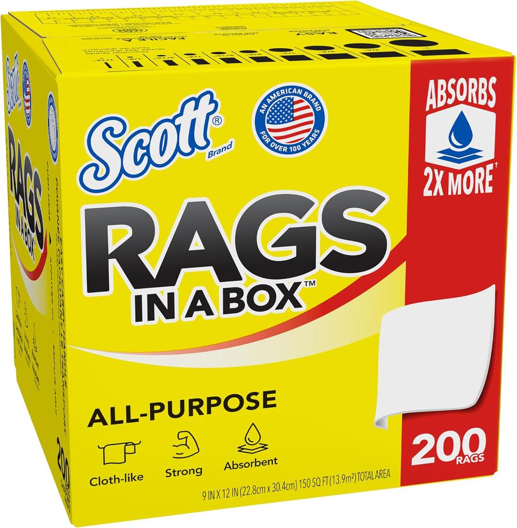 Scott Rags In A Box (57036), All-Purpose Towels, Large 9"x12" Towel (1 Box of 200 Sheets Total)