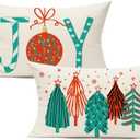 All Smiles 12X20 Set of 2 Outdoor Christmas Throw Pillow Covers Decorations Ornaments Holiday Indoor Vintage Navidad Decor for Home Couch Bed Sofa,Teal Reindeer Marry Tree Joy