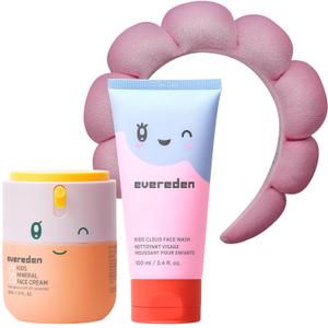 Evereden Kids Healthy Morning Duo Spa Headband for Girls: Clean & Vegan Skin Care Bundle | Cloud Face Wash + SPF 20 Mineral Face Cream | Non-Toxic | Easy-to-Use Skincare