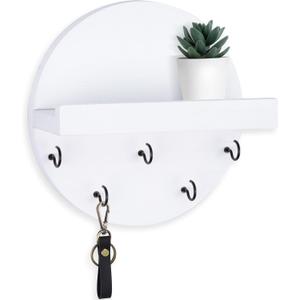 Key Holder for Wall  Decorative Key Hook Shelf for Entryway Decor  7.9 Inch Round Paulownia Wood Hey Hanger with 5 Metal Hooks Includes Mounting Hardware and Installation Guide (White)