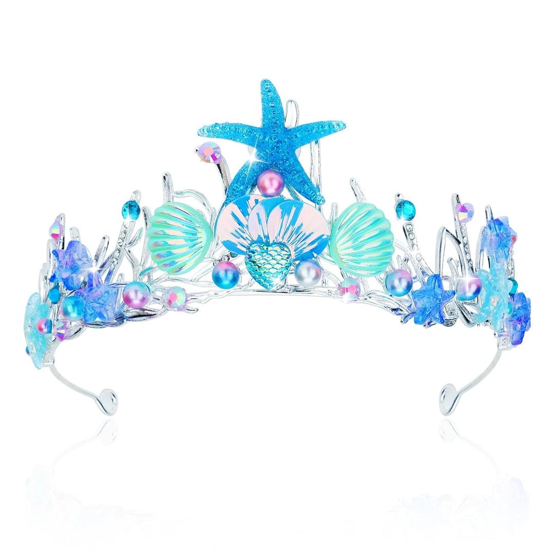 YARIEW Mermaid Crown, Costume Tail, Starfish, Fish Scales, Seashell Hair Accessories for Girls, Wide Headband, Birthday Party Gifts (Blue)