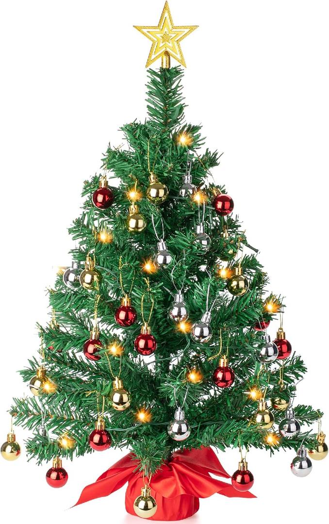 Mr. Pen- Mini Christmas Tree with 40 LED Lights, 23", Table Top Christmas Tree Small Christmas Tree with Lights and Hanging Ornaments (1ft 11in, Green)