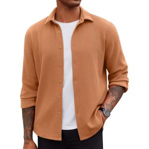 COOFANDY Men's Overshirt Shacket Jacket Mens Textured Button Down Long Sleeve Shirts Fashion Jacket, Medium (Light Brown)