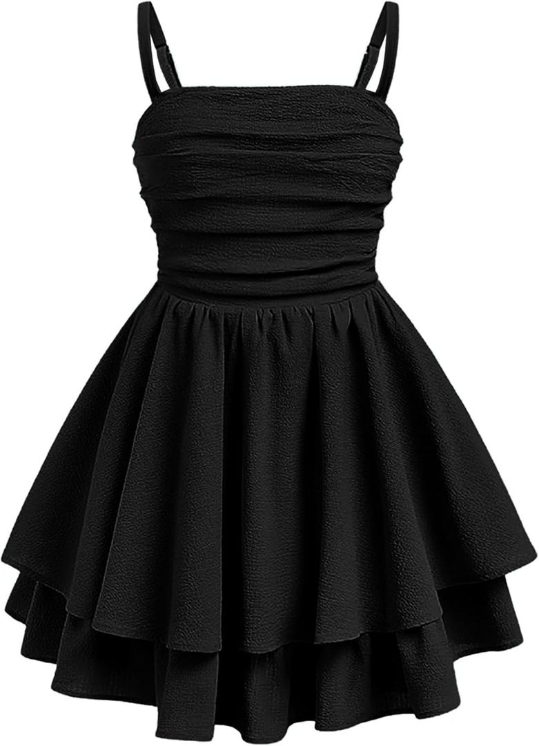 EXARUS Girls Summer Dress Teen Graduation Dance Vacation Ruched Ruffled Layered Spaghetti Strap Mini Dresses Size 14Y