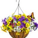 SupBri Artificial Pansies Hanging Flowers with Basket & 2 Fake Butterflies, Silk Flowers for Outdoor Spring Summer Decor, UV Resistant Hanging Plants for Garden Porch Patio (1 Set