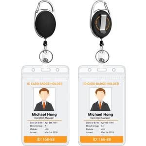 10 x Soleebee 2 Pack Heavy Duty Retractable Badge Reels with 360° Swivel Belt Clip - ID Badge Holder for Lanyard - Men Vertical Clear ID Card Holder with 25'' Retractable Carabiner Badge Reel - Black