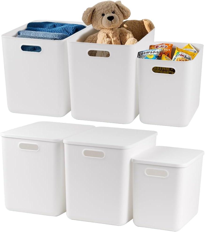 DOUKE White Large Plastic Storage Bins with Lids, 30qt & 16qt Closet Organizers and Storage Tubs, 12" Deep Lidded Aesthetic Storage Containers(4XL+2L)