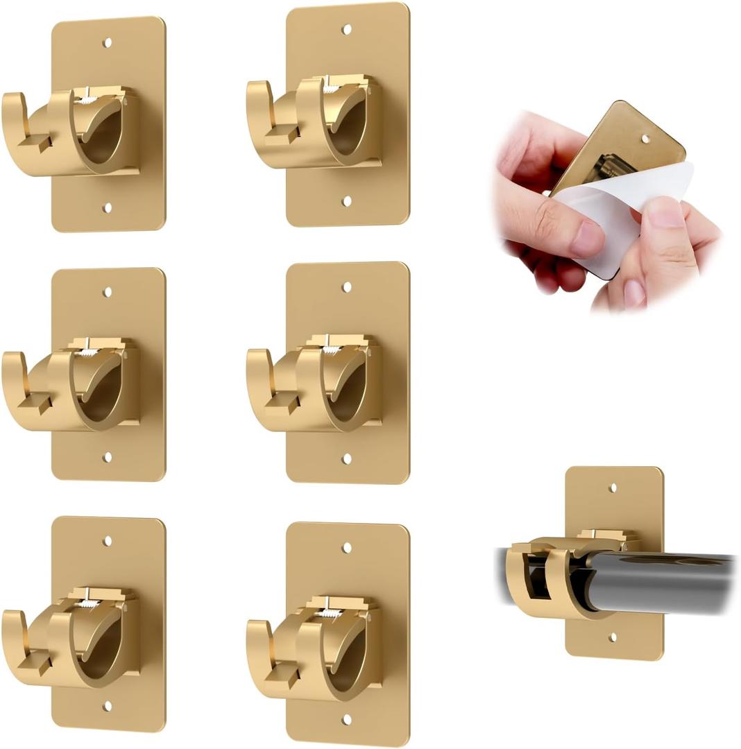 CIEMGNZOC 5PCS No Drill Curtain Rod Brackets, Self-Adhesive Curtain Rods No Drilling, Nail Free Adjustable Curtain Rod Holders, Curtain Hooks for Rod Less Than 1.57 Inch Diameter (Gold)