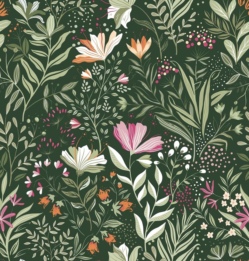 Floral Peel and Stick Wallpaper Boho Floral Contact Paper Flower Removable Self Adhesive Contact Paper Wildflower Dark Green Vintage Waterproof Wallpaper Bathroom Bedroom Leaf 17.3inW 787inL