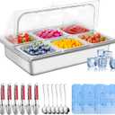 Countertop Ice Food Serving Display Tray with 6 Pan, Portable Salad Bar Buffet Station for Home, Cold Food Buffet Server, Stainless Steel Pizza Topping Station with Clear Roll Top Cover, 3 Ice Packs