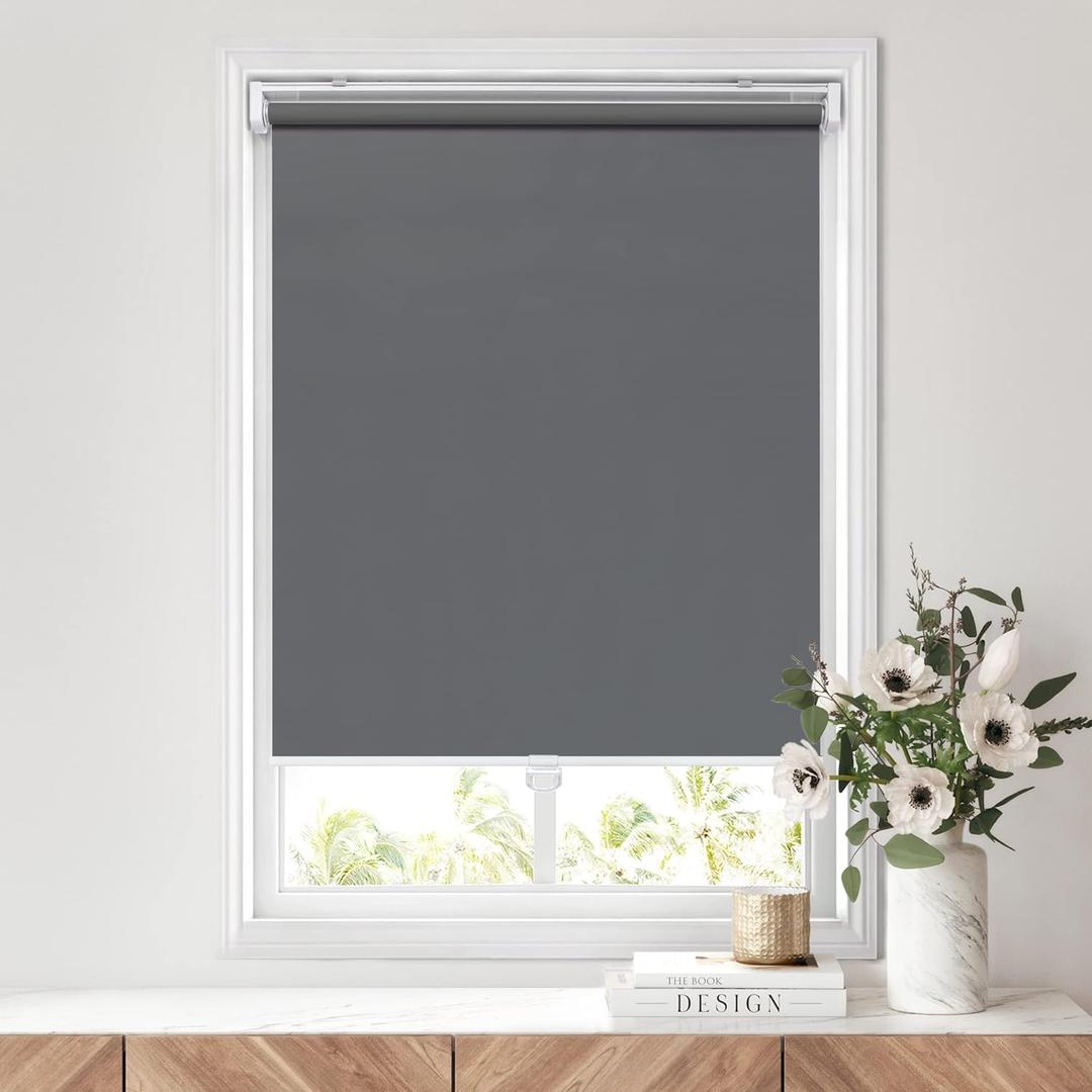LazBlinds No Tools No Drill Cordless Roller Shades, 100% Blackout Roller Blinds for Windows, Thermal Insulated UV Protection Waterproof Roll Up Window Blinds and Shades, 20'' W x 72'' H, Grey