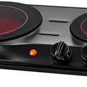 OVENTE BGI102B Countertop Infrared Double Burner, 1700W Electric Hot Plate and Portable Stove with 7.75" and 6.75" Ceramic Glass Cooktop, 5 Level Temperature Setting and Easy to Clean Base, Black