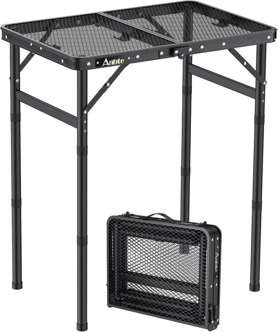 Anbte Folding Grill Table, Aluminum Camping Table Adjustable Height Max 27.5" Picnic Table Outdoor Table, Lightweight, Portable Handle for Travel Cooking BBQ Picnic, 22.8" x 16", Black