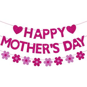 Mother's Day Decorations Banner - Happy Mothers Day Decor Sign with 3D Flower Garland Glitter, Pre-strung Hanging Bunting Banner for Mom Party Supplies, Home Wall Mantle Decor, Best Mom Ever Photo Backdrop, Rose Red