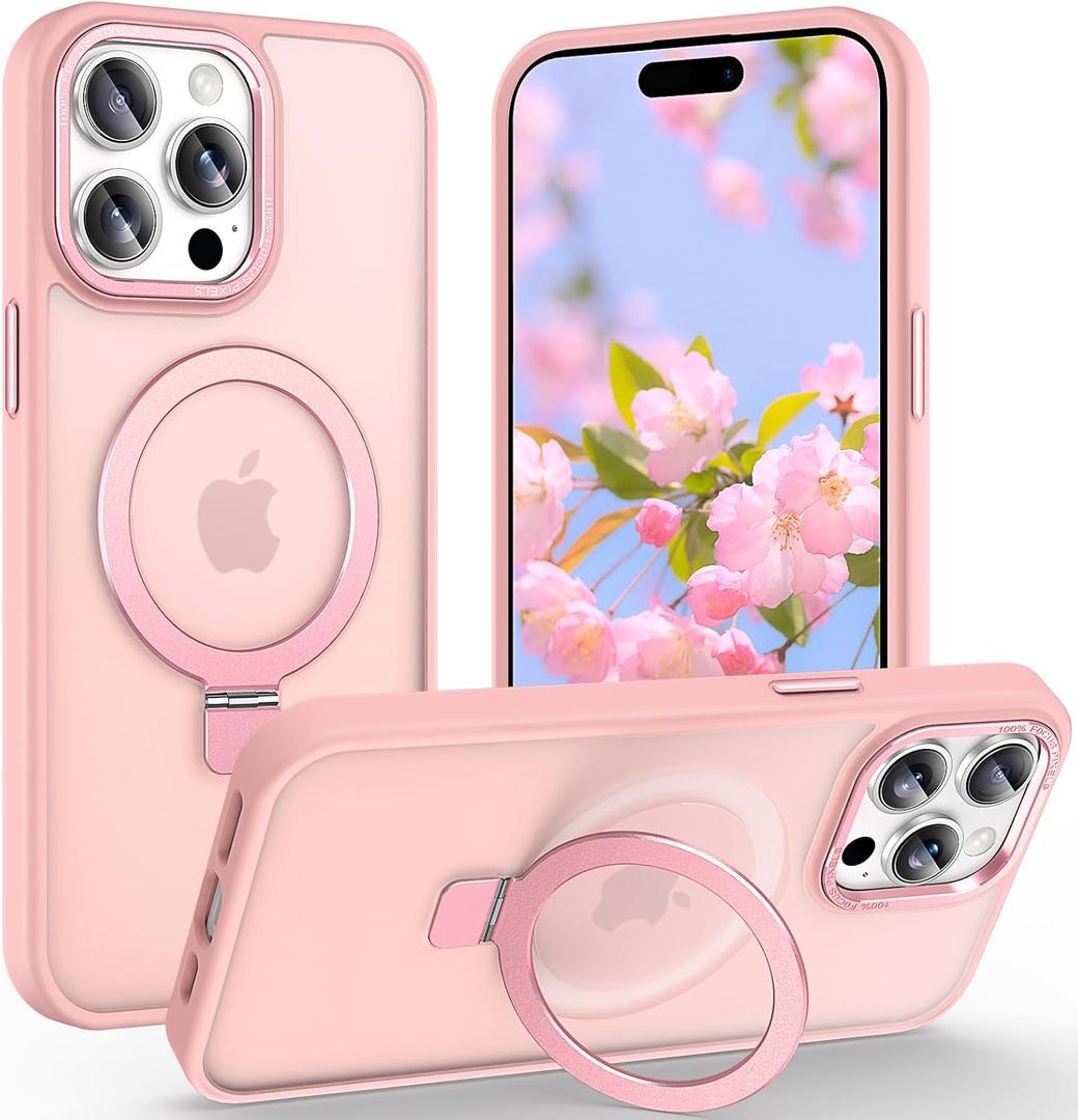 Magnetic for iPhone 15 Pro Max Case with Ring Stand, [10 FT Drop Protection] [Velvety Touch] Slim Translucent Matte Back Shockproof Phone Case for iPhone 15 Pro Max 6.7'', Pink
