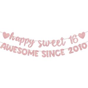 Fulmoon Pre Strung Happy Sweet 16 Awesome Since 2010 Banner Glitter Sweet 16th Birthday Signs for Birthday Bachelorette Party Decorations 16th Hanging Banner Photo Props Decor(Rose Gold)