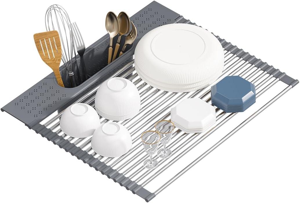 Roll Up Dish Drying Rack Over Sink, 17.5" x 15.2" Foldable SUS304 Stainless Steel Kitchen Dish Drainer, Heat-Resistant Multipurpose Rolling Sink Rack Organizer,Grey