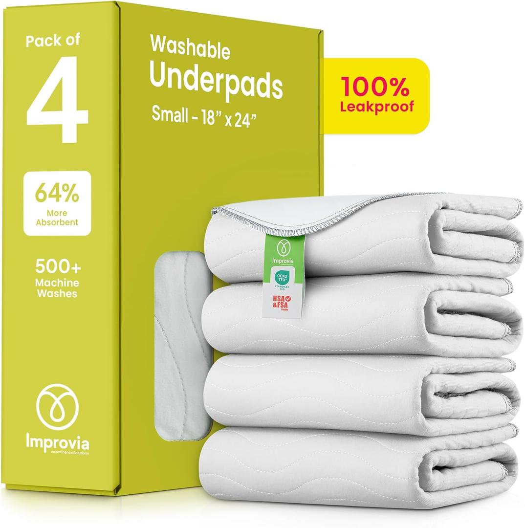 IMPROVIA Washable Underpads, Heavy Absorbency Reusable Incontinence Pads for Kids, Adults, Elderly, and Pets - Waterproof Protection Floor White & White (4 Pack - 18x24)
