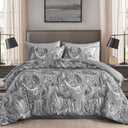 DJY Grey Paisley Comforter Set King, 7 Piece Boho Paisley Dark Gray Bed in a Bag Comforter Set, Soft Microfiber Complete Bedding Set for All Season (104''x90)