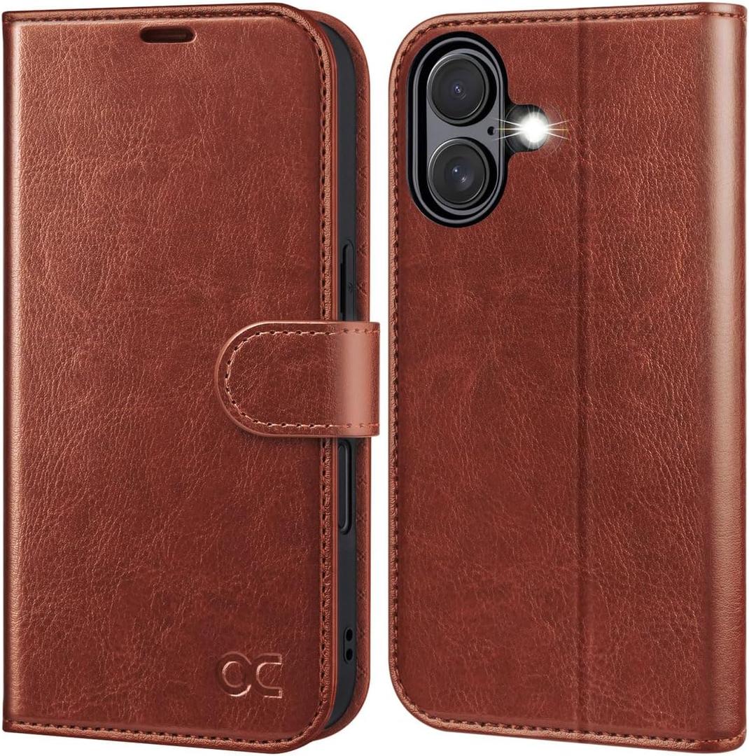 OCASE Compatible with iPhone 16 Wallet Case, PU Leather Flip Folio Case with Card Holders RFID Blocking Kickstand [Shockproof TPU Inner Shell] Phone Cover 6.1 Inch 2024, Dark Brown
