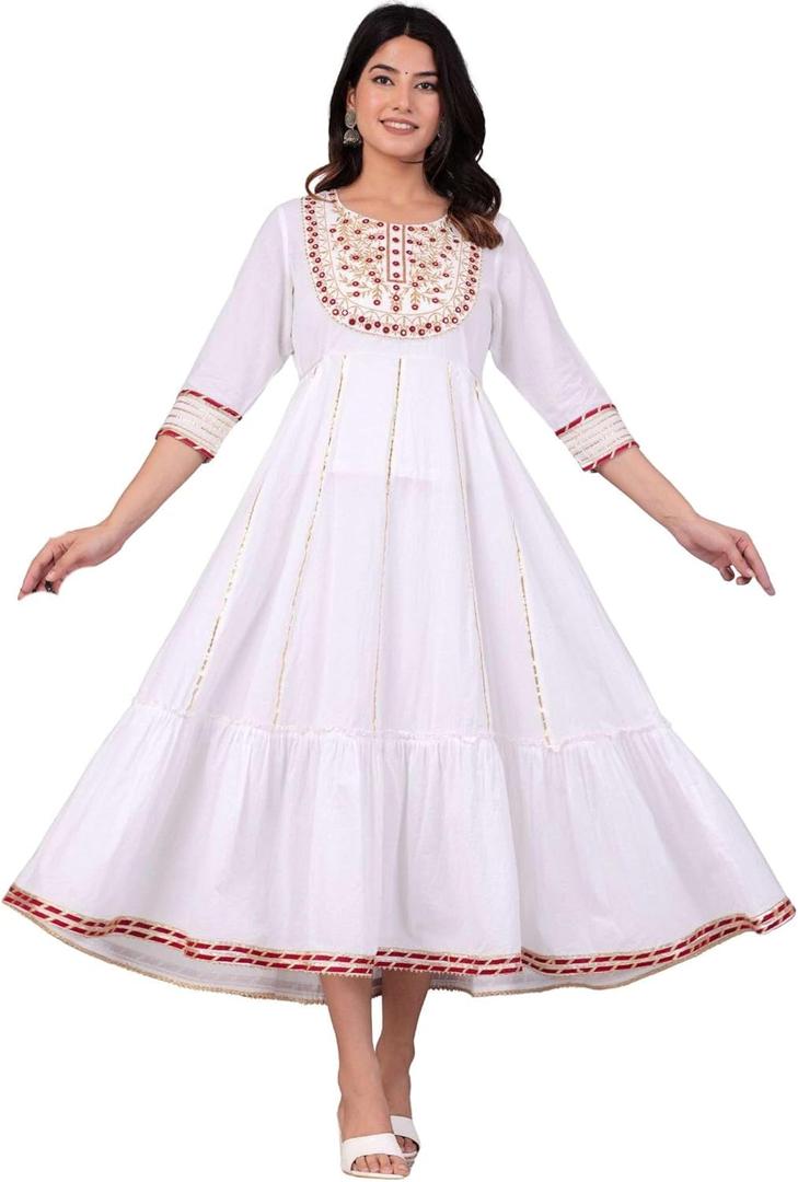 JG JAI GOVINDAM Cotton Anarkali Indian Kurti for Women Pakistani Wedding/Party Wear Designer Style Anarkali Suit for Women (Large, White)