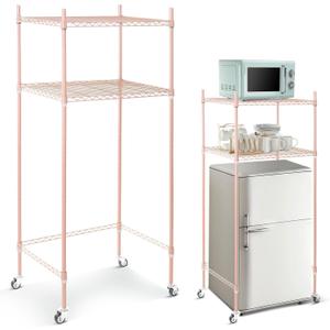 Tandefio 2 Tier Mini Fridge Stand with Storage for Dorm Microwave Stand Over Mini Fridge Storage Shelf with Wheels Adjustable Height Organizer for Kitchen College Rooms Pantry(Pink), 51.97 x 23.62 inches/ 132 x 60 cm