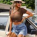 Avidlove Women's Sheer Mesh Crop Top Short Sleeve See Through T-Shirt Sexy Rave Festival Clubwear Tops （ Coffee Brown, L)