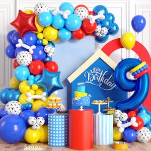 9th Birthday Decorations Boy, Dog Paw Ninth Party Arch with Red Blue Yellow Long Latex Balloons 40 inch Number 9 Balloon and Star Foil for Paw Birthday Party Supplies