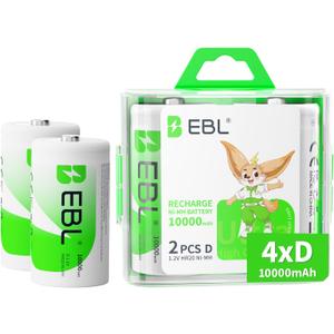 EBL D Cell Batteries 10,000mAh Ultra Pro Ni-MH Rechargeable D Batteries, 4-Pack