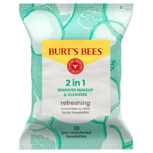 Burts Bees Refreshing Cucumber & Mint Facial Towelettes, 100% Plant Based Cloths; 99% Natural Origin; Removes Makeup and Cleanses; No Need to Rinse 