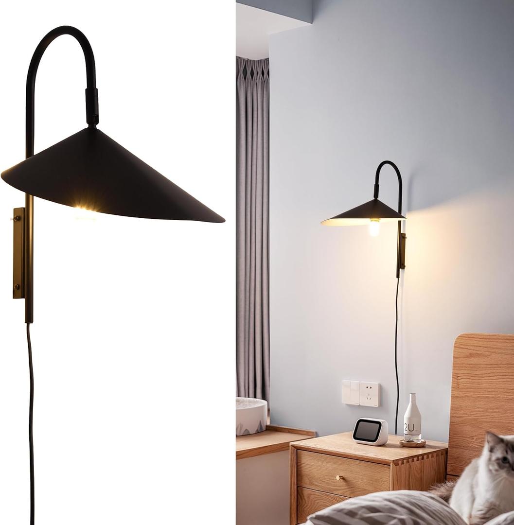 SUNLLOK Modern Plug in Wall Sconces with Switch - Industrial Hanging Wall Light Fixture - Indoor Metal Reading Wall Mounted Lamp Decoration for Living Room, Kids Bedroom, Restaurant (Black)