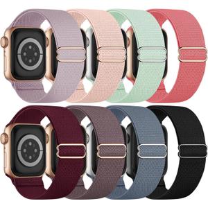 8 Pack Stretchy Solo Loop Band Compatible with Apple Watch Bands for Women Men 40mm 38mm 41mm 42mm 44mm 45mm 46mm 49mm, Nylon Braided Elastic Strap for iWatch Series 10 9 8 7 6 SE 5 4 3 Ultra Ultra 2 (Black/Wine/Smoke Violet/Blue Gray/Lavender/Light Pink/Light Green/Peach Red)