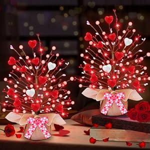 Valentines Day Decorations,2 Pack Lighted Valentine's Day Tree Tabletop with 20 Red Lights Battery Operated 16 Inch 12 Heart 48 Pink Berries Artificial Tree Valentine's Day Decor Home Party Wedding