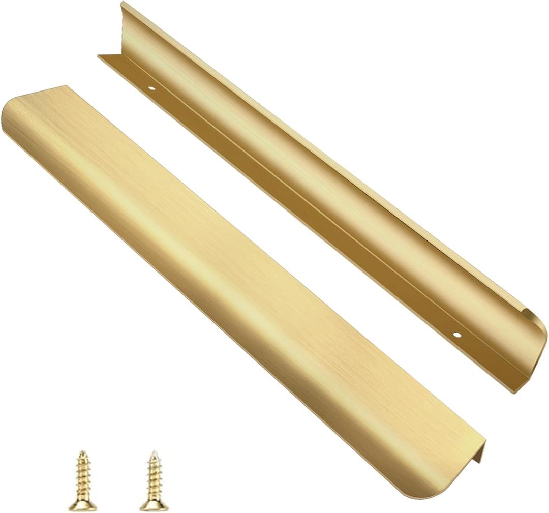 4 Pack 16" (400mm) Overall Length Edge Finger Pull,Brushed Brass Concealed Kitchen Cabinet Handle,Top Mount Flat Cabinet Pulls for Cupboard Door Drawer,6814