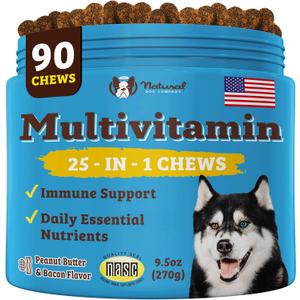 Natural Dog Company Multivitamin Chews (90 Pieces), Dog Vitamins and Supplements, Peanut Butter & Bacon Flavor, for Dogs of All Ages, Sizes, & Breeds, Supports Immune System, Antioxidant