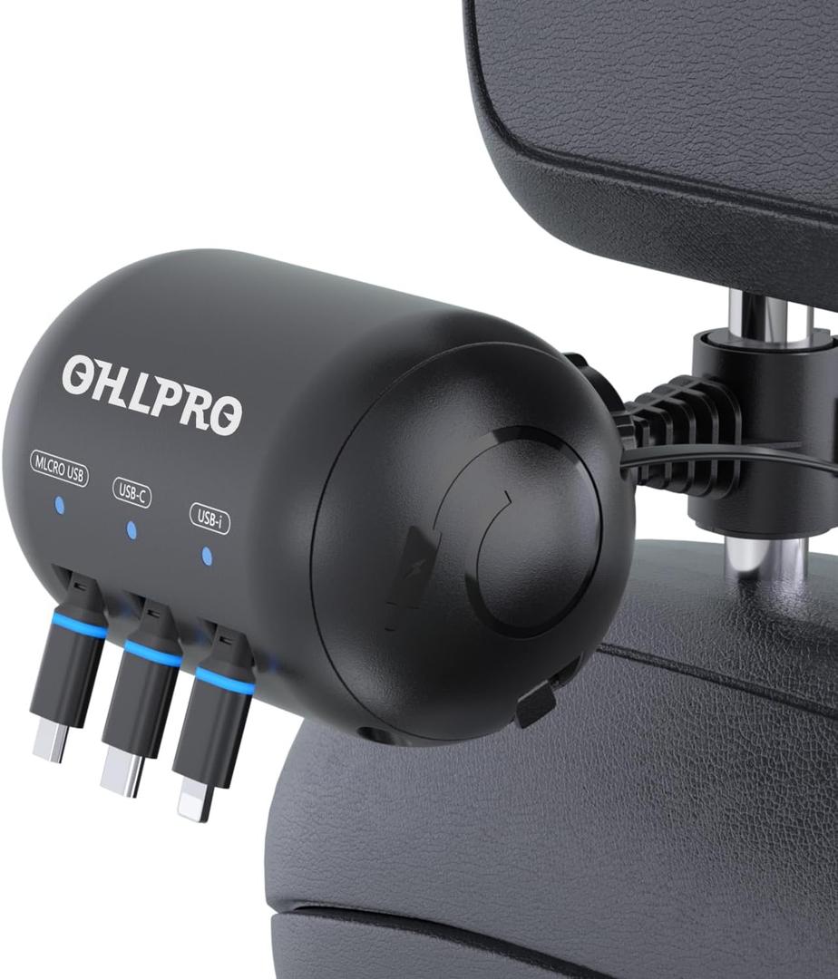 OHLPRO Multi Car Retractable Backseat 3 in 1 Car Charging Station Box Compatible with All Phones | iPhone | Samsung | Uber Taxi Lyft Turo Ride Share Customer Charging Dock Attach to Headrest