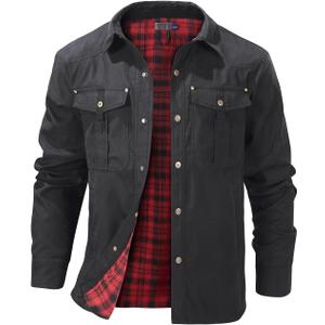 Eisctnd Mens Lined Flannel Cowboy Vintage Jackets Snap Plaid Western Shirts Coat for Hiking Hunting Camping Work Outdoor (Large, Black)