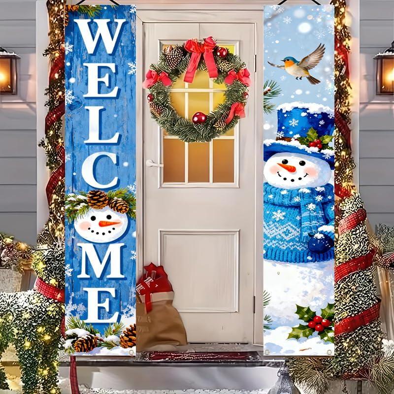 IVN Christmas Door Banner Decorations 2 Pcs 71 x 12 Inches Vertical Holiday Hanging Sign Set for Entryway Wall or Porch Display (Snowman Welcome  Icy Blue Snowflakes & Birds)