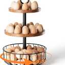 3-Tier 360 Rotating Egg Holder with 24+40 Egg Capacity - Rustic Farmhouse Kitchen Counter Organizer, Tiered Egg Storage Rack with Ventilated Wooden Trays & Metal Basket for Easter Eggs, Fresh Eggs