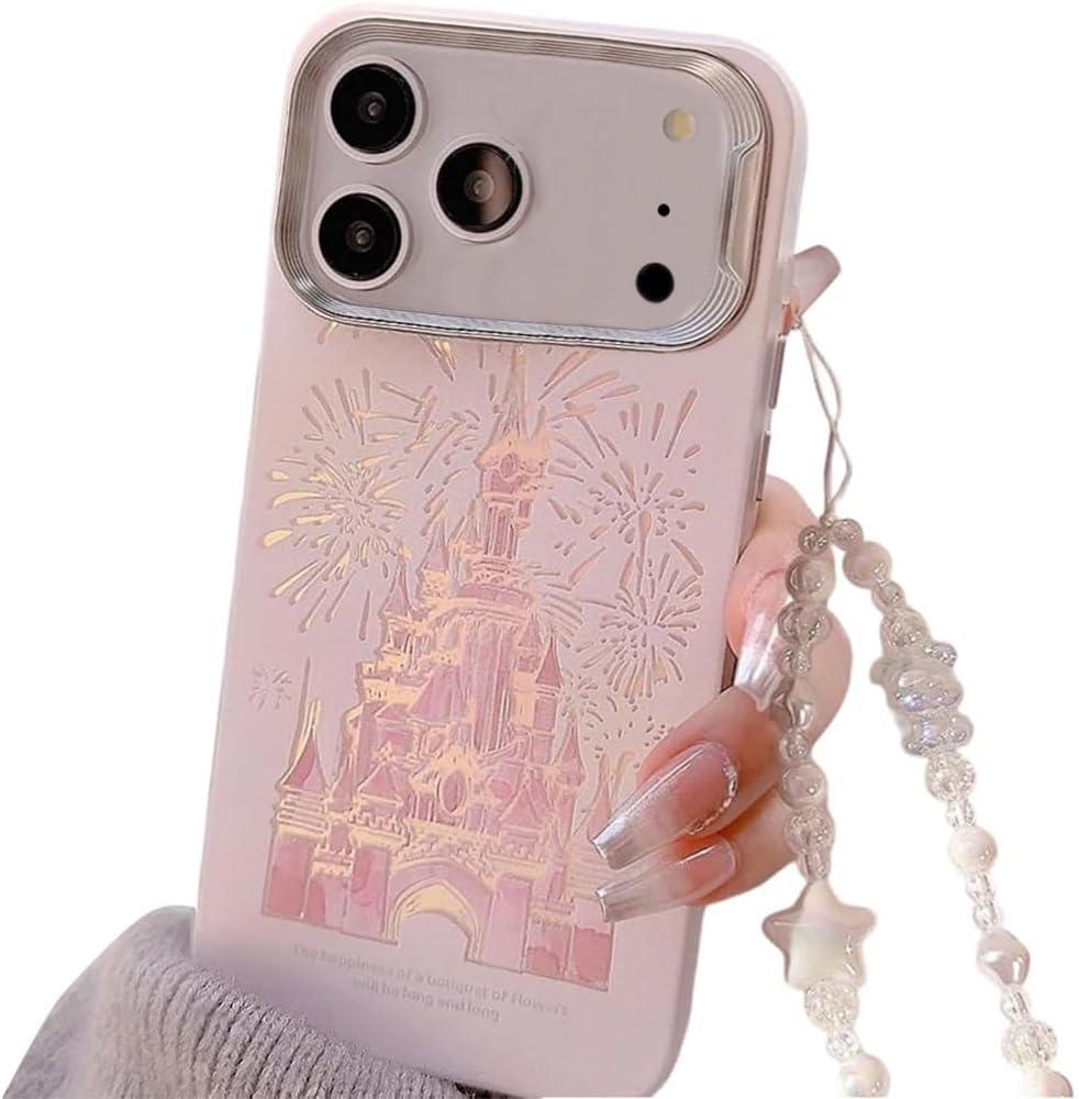 Casechics Compatible with iPhone Case,Cute Laser Glitter Bling Sparkly Castle Wristband Strap Bracelet Chain[Military Drop & Full Body Protection] Shockproof Cover Phone Case (iPhone 17,Pink)