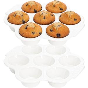 Youeon 2 Pcs Ceramic Muffin Pans, 7 Cup Nonstick Cupcake Baking Pans with Floral Handles, Durable Oven & Dishwasher Safe Ceramic Muffin Tins for Muffins, Cupcakes, Cheesecakes, and More (White)