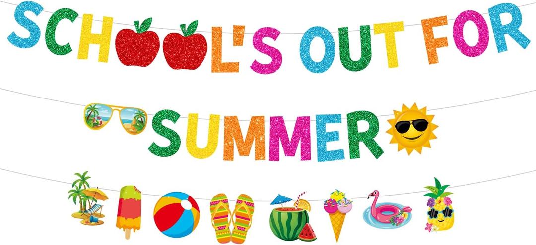 Glitter Schools out for Summer Banner and Colorful Glittery Summer Patterns Banner End of School Year Garland Banner Summer Vacation Beach Pool Party Fireplace Mantle Decorations