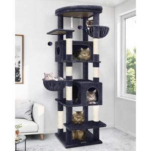 Globlazer Heavy Duty Cat Tree, 74in Sturdy Cat Tower for Large Cats Adult, Big Cat Tree with 7 Sisal Scratching Posts, 2 Padded Condos, 2 Dual-Ear Hanging Baskets, Enlarged Top Perch, S74, Dark Grey
